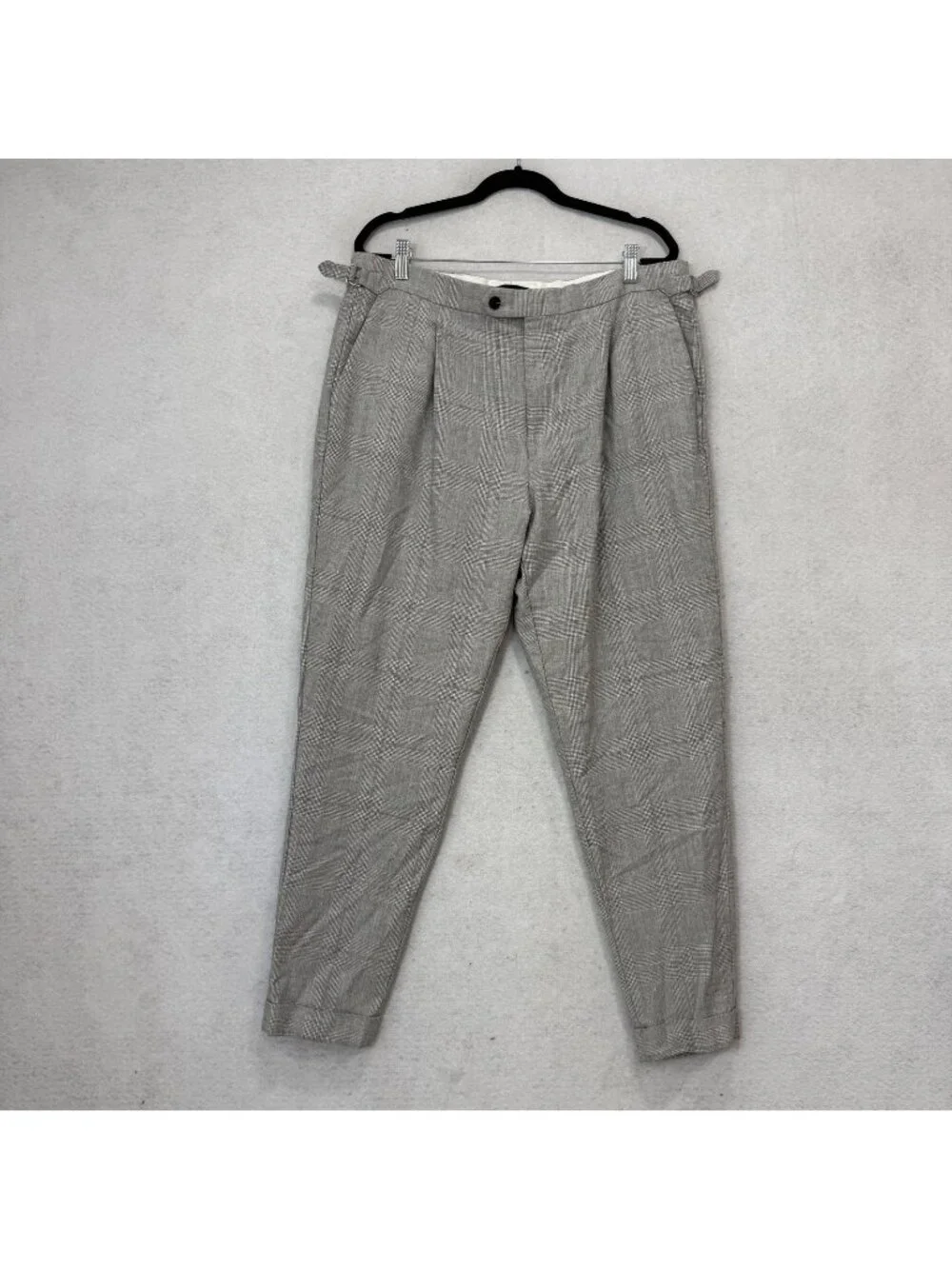 Reiss Dress Pants Mens 36x30 Gray Check Wool Linen Tapered Adjustable Waist